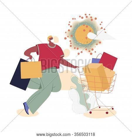 Man In Mask With Shopping Cart And Boxes Under The Sun In The Form Of Coronavirus. Quarantine And Pa