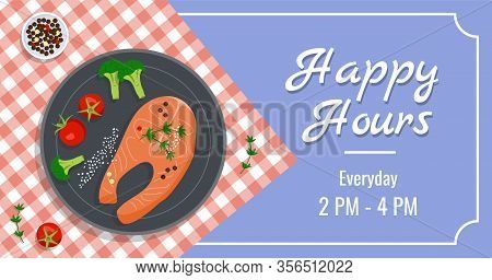 Dinner Menu Vector Banner Template With Delicious Fish, Tomatoes, Broccoli, Sesame, Pimento And Herb