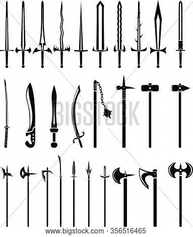 Illustration Of Melee Weapon Icons Set, Both Realistic And Fantastic, Only Black, Isolated Shapes An