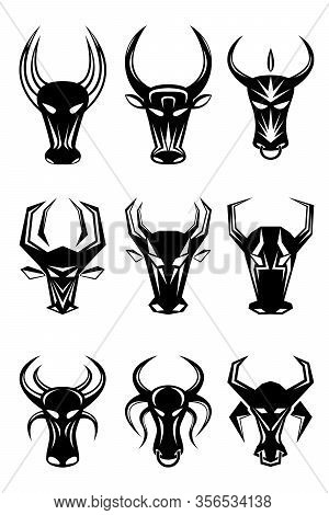 Set Of Nine Abstract Bull Heads. Images For Various Purposes. Tattoo, Logos And More. Vector Image.