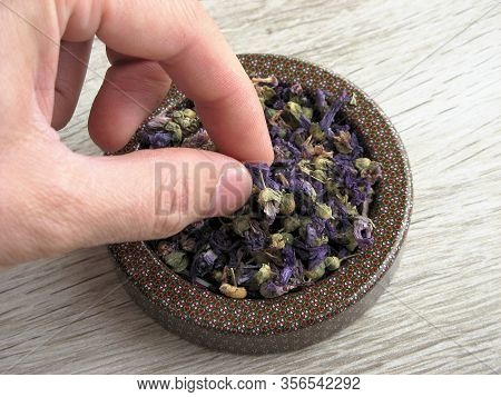 Dried Mallow (mallow Silvestrys) Flower On Table. Well Known For Following Benefits: Calming, Soothi