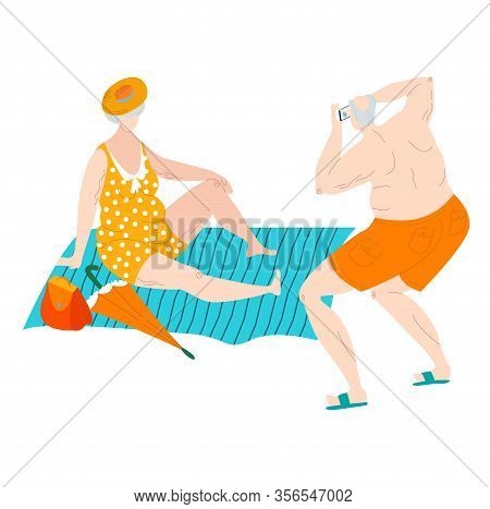 Body Positive Fat Eldery Man And Woman In Swimsuits At Sea Beach Make Pictures Plus Size Caucasian P