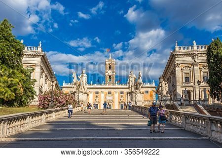 Cordonata Capitolina And Dioscuri Statues In The Entrance To Capitoline Hill Rome, Italy - July 3, 2