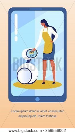 Ad Text Flyer Promoting Domestic Robot Helper In Kitchen. Robotic Artificial Intelligent Showing Rec