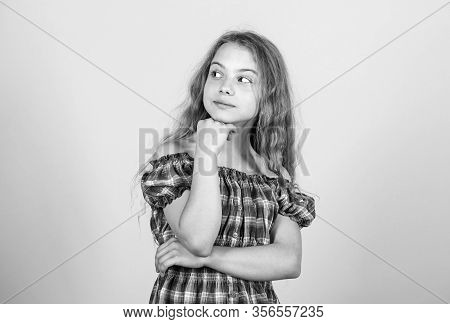 Playful Mood. Child Cute Thinking. Girl Make Decision Or Choice. Hard Decision For Her. Thoughtful G