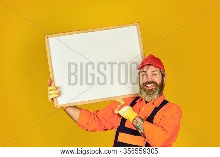 Mechanic Perform Repair. Man Hold Chalkboard Copy Space. Fixing Technics. Repair Concept. Constructi