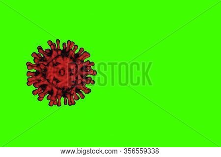 Abstract Red Virus On A Green Background In 3d Renderer. Dangerous Coronavirus Non- Cellular Infecti