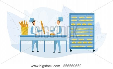 Bakehouse Interior And Bakers In Uniform Cartoon. Male Baker Characters And Fresh High Quality Baker