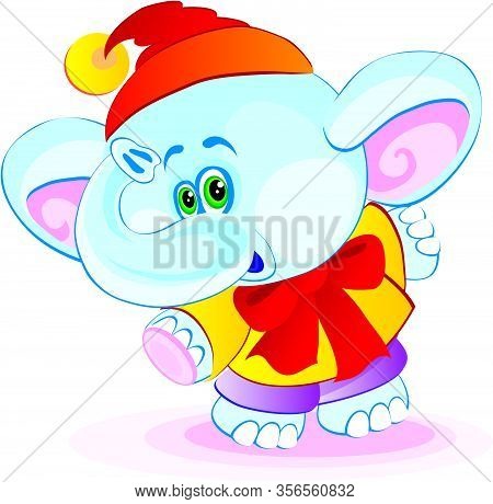 Cute Blue Elephant In A Red Cap And A Red Jacket, Isolated Object On White Background, Vector Illust