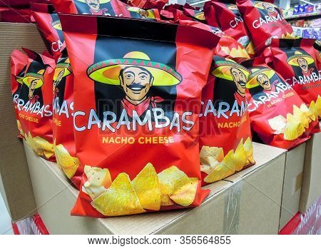 Samara, Russia - March 18, 2020: Packs Of Potato Chips Carambas Ready For Sale On The Shelf In Super