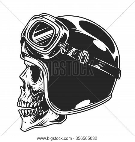 Motorcyclist Skull In Helmet And Goggles In Vintage Style Isolated Vector Illustration