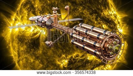 Realistic 3d Illustration. Big Futuristic Spaceship Flying To The Explosions Of The Sun. Space Milit