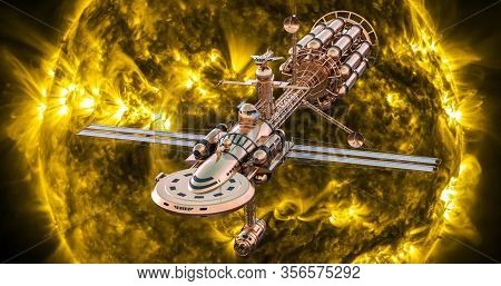 Realistic 3d Illustration. Big Futuristic Spaceship Flying To The Explosions Of The Sun. Space Milit