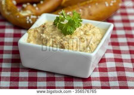 Closeup Of A Bavarian Cheese Spread With Pretzel