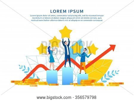 Successful Social Media Marketing Motivate Banner. People Stand On Charts Rate Hold Gold Rating Star