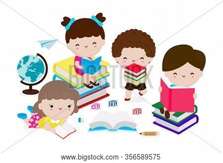 Cute Kids Reading Book, Set Of Children With Books, Happy Children While Reading Books, Education Co