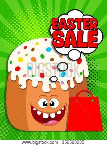 Easter Sale Banner With Funny Easter Cake. Vector Background In In Pop Art Style. Vector Illustratio