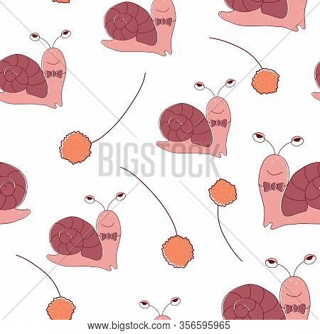 Seamless Pattern With Cute Snail. Animal With Dandlion In Scandinavian Style For Baby Shower Card, B
