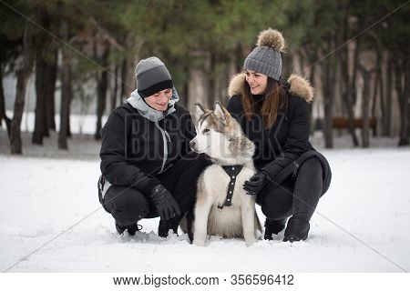 Beautiful Family, A Man And A Girl In Winter Forest With Dog. Play With The Dog Siberian Husky.