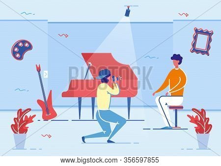 Woman Taking Photo, Man Sittinng On Chair Near Piano And Guitar Musical Instruments Flat Cartoon Vec
