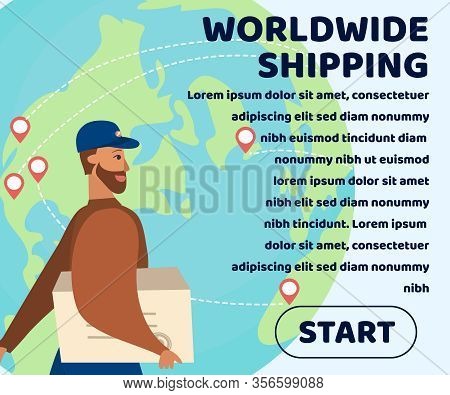 Worldwide Shipping Webpage With Promotion Text And Postman In Uniform Carrying Parcel. Huge Cartoon 