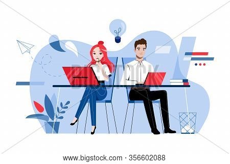 Creativity And Teamwork Concept. Man And Woman Business People Are Working Together On New Project O