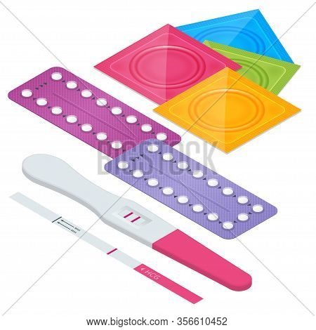 Isometric Oral Contraceptive Pill, Condoms And Pregnancy Test. Safe Sex And Birth Control. Set Of Co