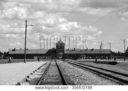 Auschwitz Birkenau Poland 09 17 17: Auschwitz Concentration Camp Entrance Was A Network Of German Na