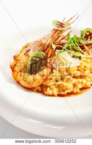 Risotto tom yam with argentinian shrimp. Delicious thai dish with seafood closeup view. Traditional asian meal with rice and aromatic greenery. Food composition on white plate. Restaurant delicacy