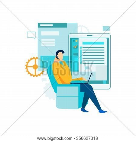Business Manager Is Developing Project. Man With Laptop Analysis Graph. Man Sitting In Chair With La