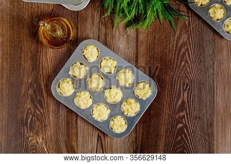Uncooked Cheese Bread Called Chipa In Baking Tray. Brazilian Cuisine.
