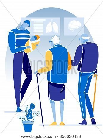 Happy Father With Newborn In Hands. Man Showing Baby To Grandmother And Grandfather. Old Parents Vis