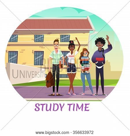 Happy Smiling Multi-ethnic Students Group Back To University. Teenagers With Books Stack And Backpac