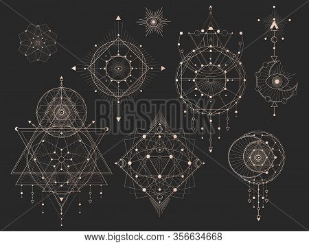 Vector Set Of Sacred Geometric Symbols With Moon, Eye, Arrows, Dreamcatcher And Figures On Black Bac