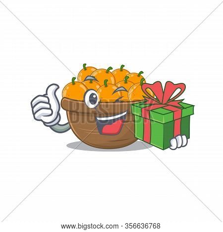 Smiley Orange Fruit Basket Cartoon Character Having A Gift Box
