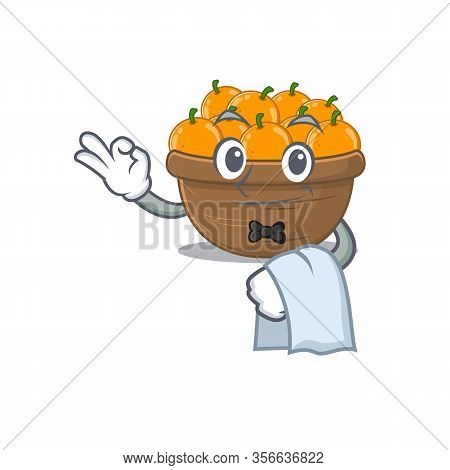 A Design Of Orange Fruit Basket Cartoon Character Working As Waiter