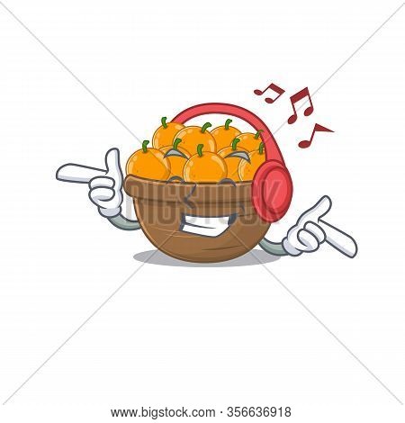Enjoying Music Orange Fruit Basket Cartoon Mascot Design