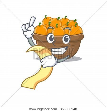 Cartoon Character Of Orange Fruit Basket Holding Menu Ready To Serve