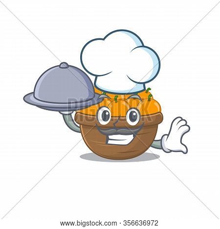 Orange Fruit Basket As A Chef Cartoon Character With Food On Tray