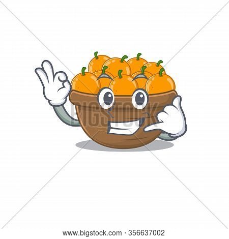 Orange Fruit Basket Mascot Cartoon Design Showing Call Me Gesture