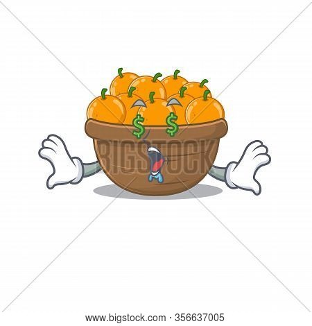 Rich Orange Fruit Basket With Money Eye Mascot Character Style
