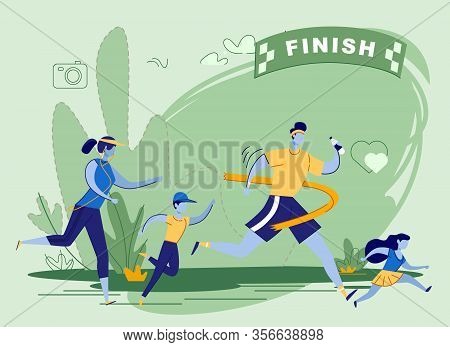 Sports Family On Running Competition Or Marathon. Dad, Mom, Son And Daughter In Sportswear Ran To Fi