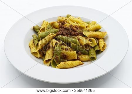 Traditional Italian Colorful Pasta. Maccheroni Al Pettine, Isolated On White