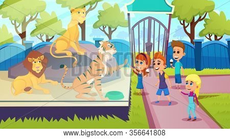 School Kids Visiting Animal Park, Children Stand At Cage With Predators, Lions And Tiger In Zoo, Sch