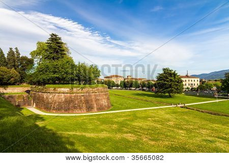 Historic town wall in Lucca, Tuscany, Italy