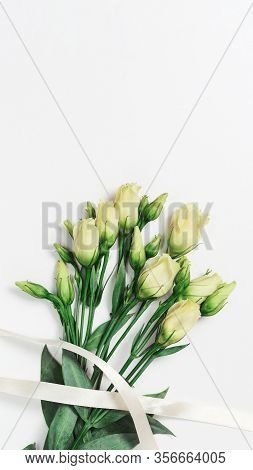 Bouquet White Delicate Blooming Flowers On Light Background With Copy Space. Bunch Of Young White Eu
