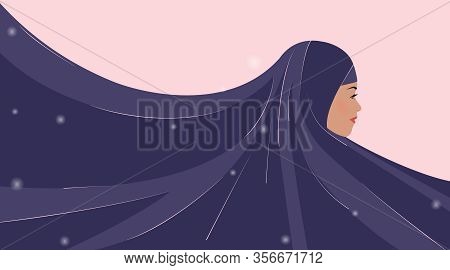 Beautiful Young Arabic Woman In Hijab. Purple Clothes Create Background For Your Text. Template For 