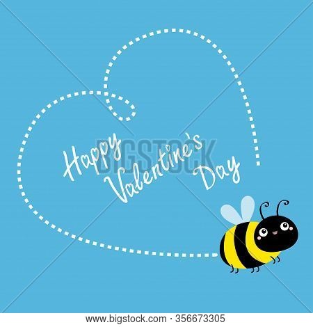 Happy Valentines Day. Flying Bee Icon. Dash Line Heart. Big Eyes. Insect Collection. Cute Cartoon Ka