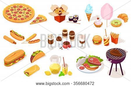 Set Of Fast And Street Food. Hot Dog, Pizza, Onion Ring, Sushi, Ice-cream, Candy-floss, Burger, Burr
