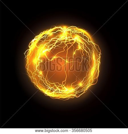 Magic Power Bolt And Lightning. Realistic Energy Ball Or Magical Orb, Plasma Abstract Background. Ye